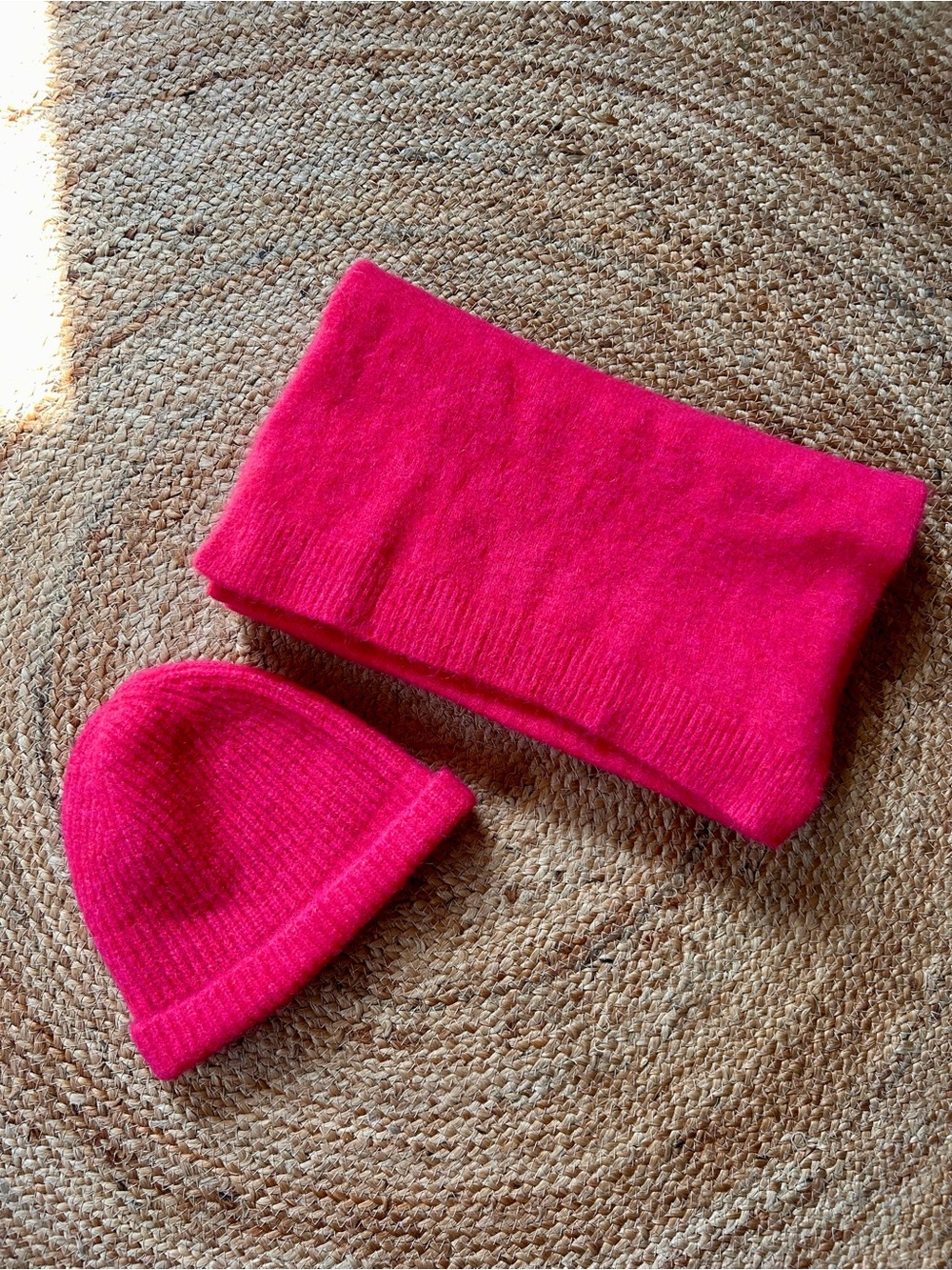 Sezane Bright Hot Pink Knit Beanie and Scarf Set